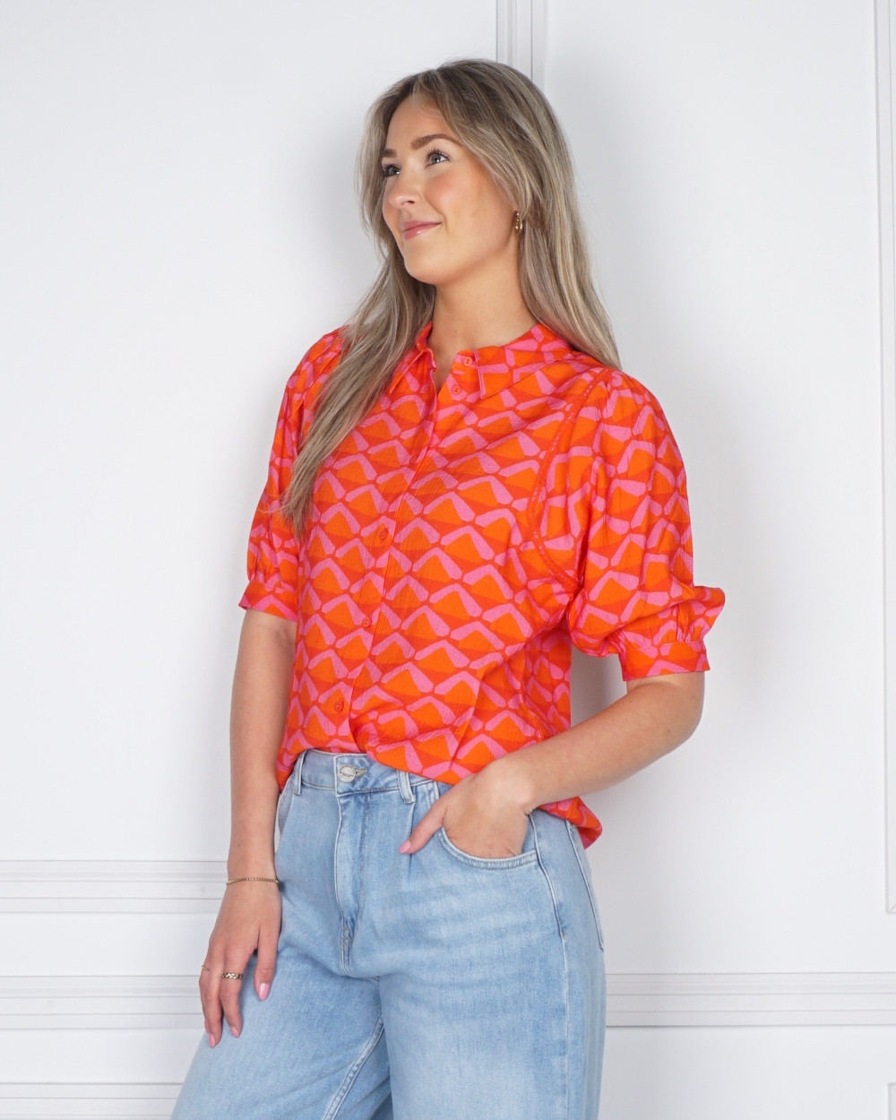 BLOUSE KORTE MOUW ROZE/ORANJE