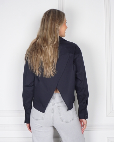 CROPPED BASIC BLOUSE SPLIT DONKERBLAUW