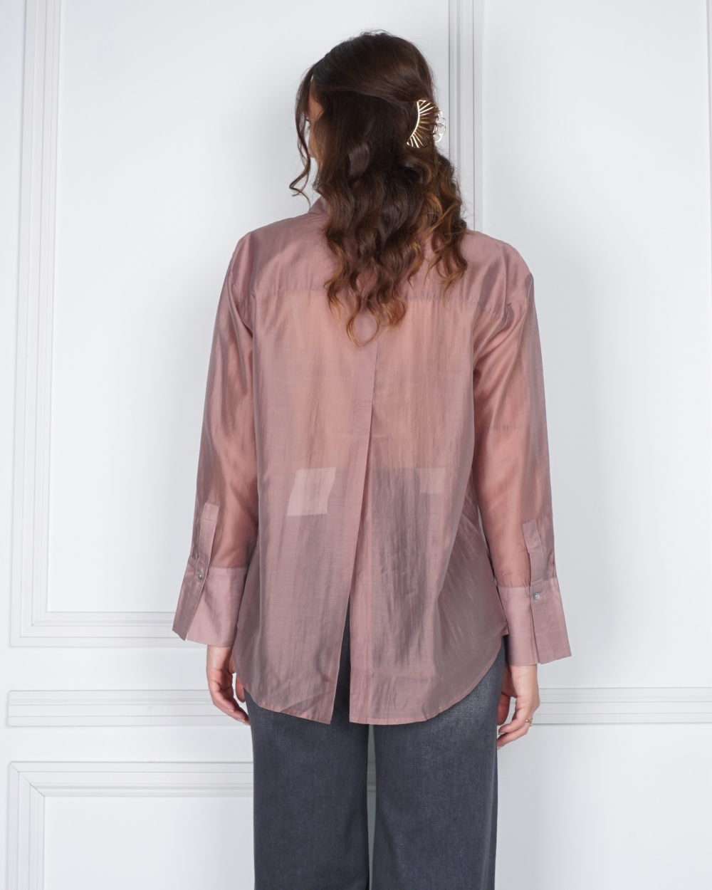 TRANSPARANTE BLOUSE MET RUGDEATAIL MAUVE