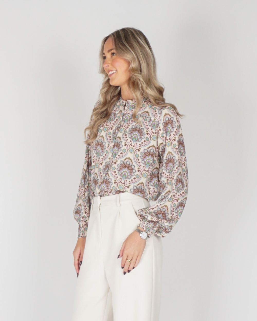 BLOUSE PRINT BLAUW/BEIGE
