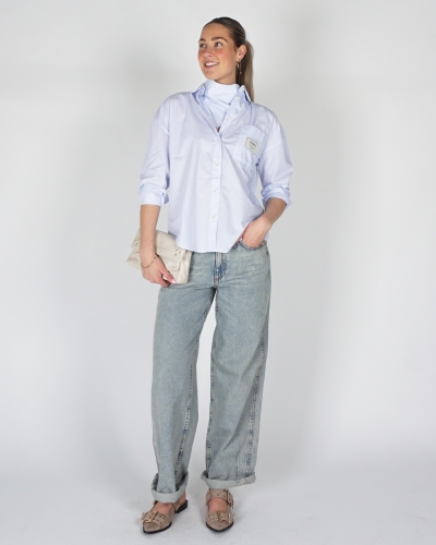 GESTREEPTE BLOUSE NEVEAH MET SJAALTJE BLAUW/WIT
