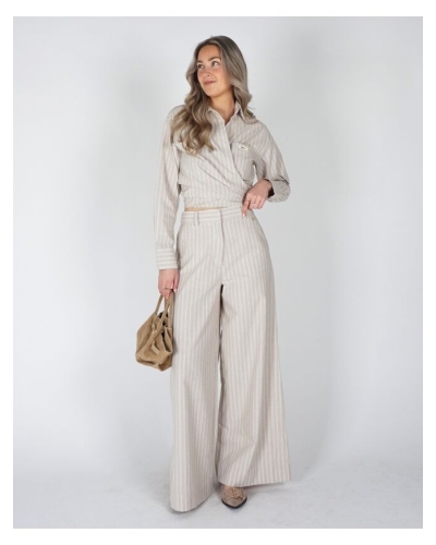 BLOUSE BANKS MET STREPEN BEIGE
