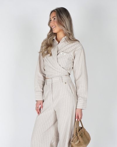 BLOUSE BANKS MET STREPEN BEIGE