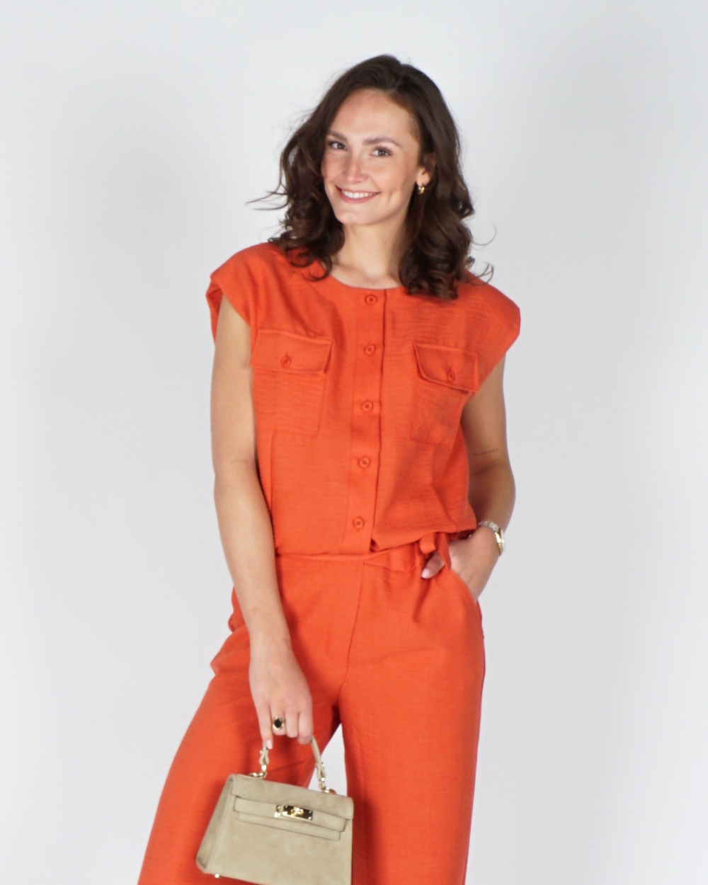 CROPPED BLOUSE MET LINNENLOOK ROOD