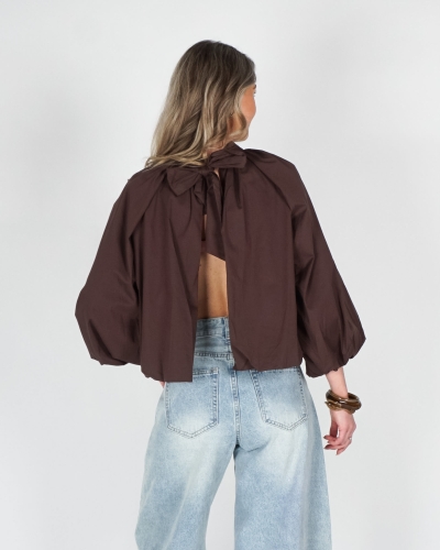 BALLON BLOUSE MET STRIK BRUIN