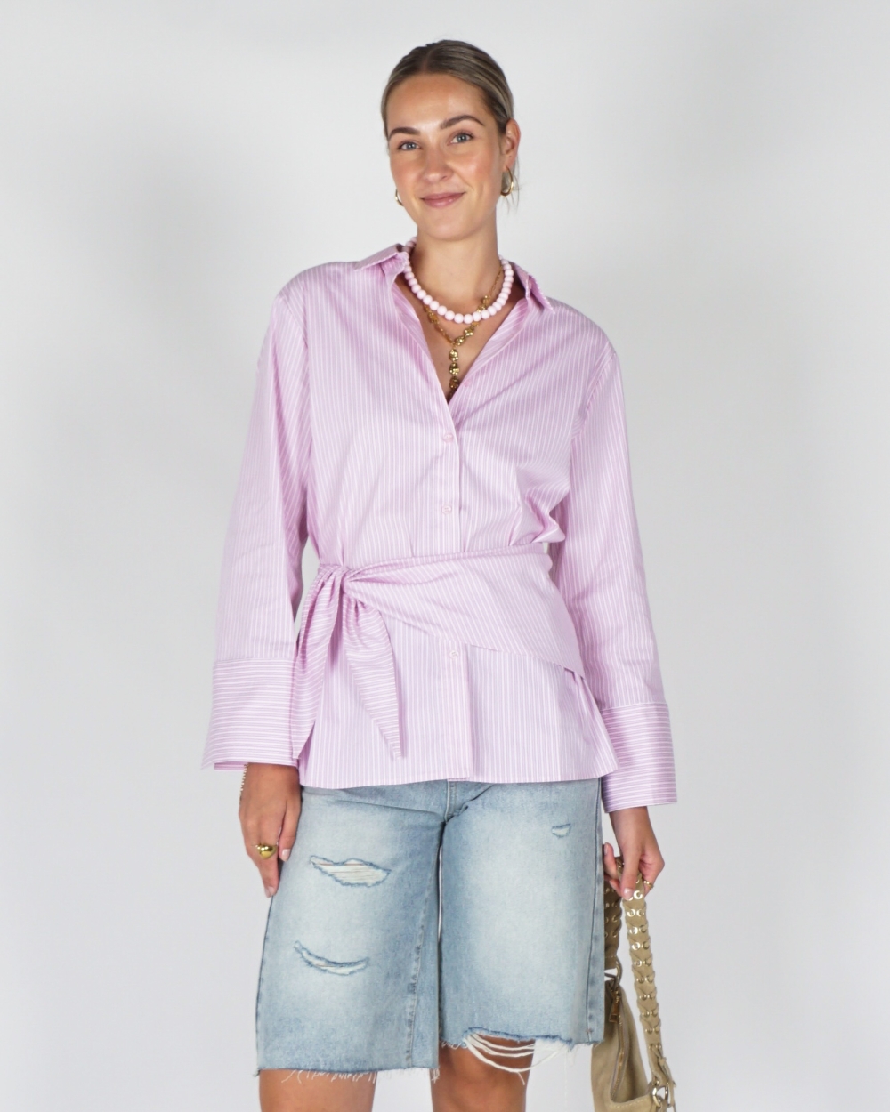 BLOUSE DITA SCARF STRIPE ROZE