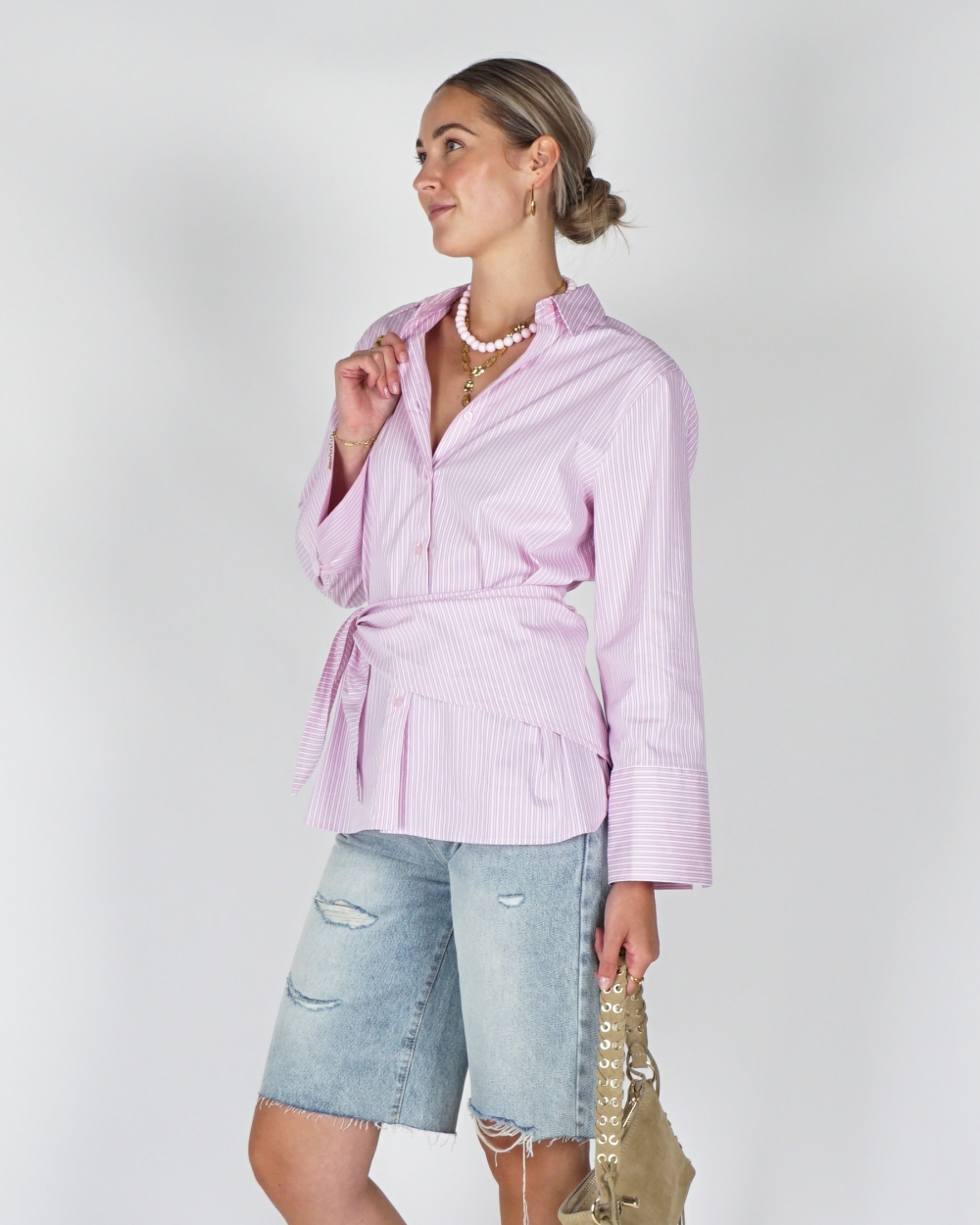 BLOUSE DITA SCARF STRIPE ROZE