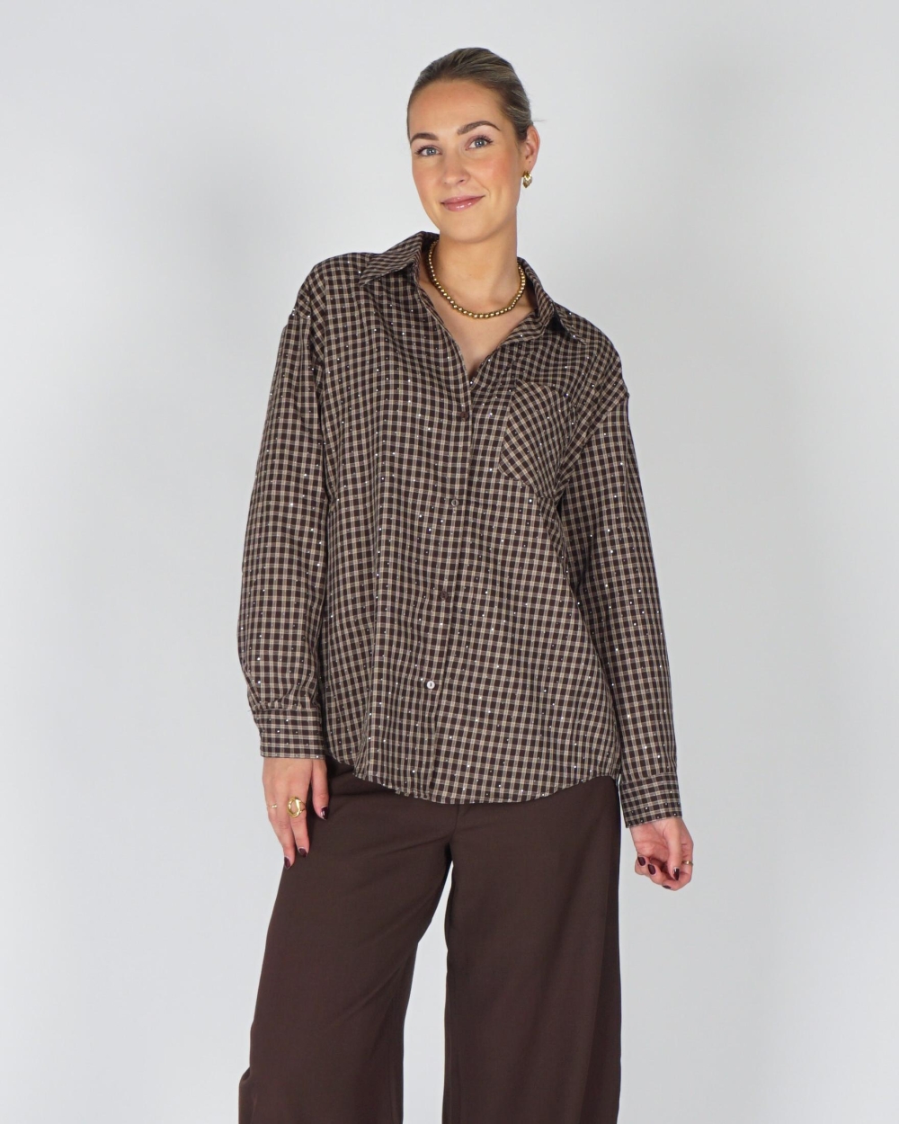 Gossip OVERSIZED CHECK BLOUSE STRASS Lichtbruin
