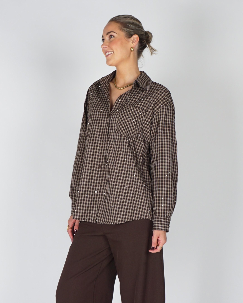 Gossip OVERSIZED CHECK BLOUSE STRASS Lichtbruin