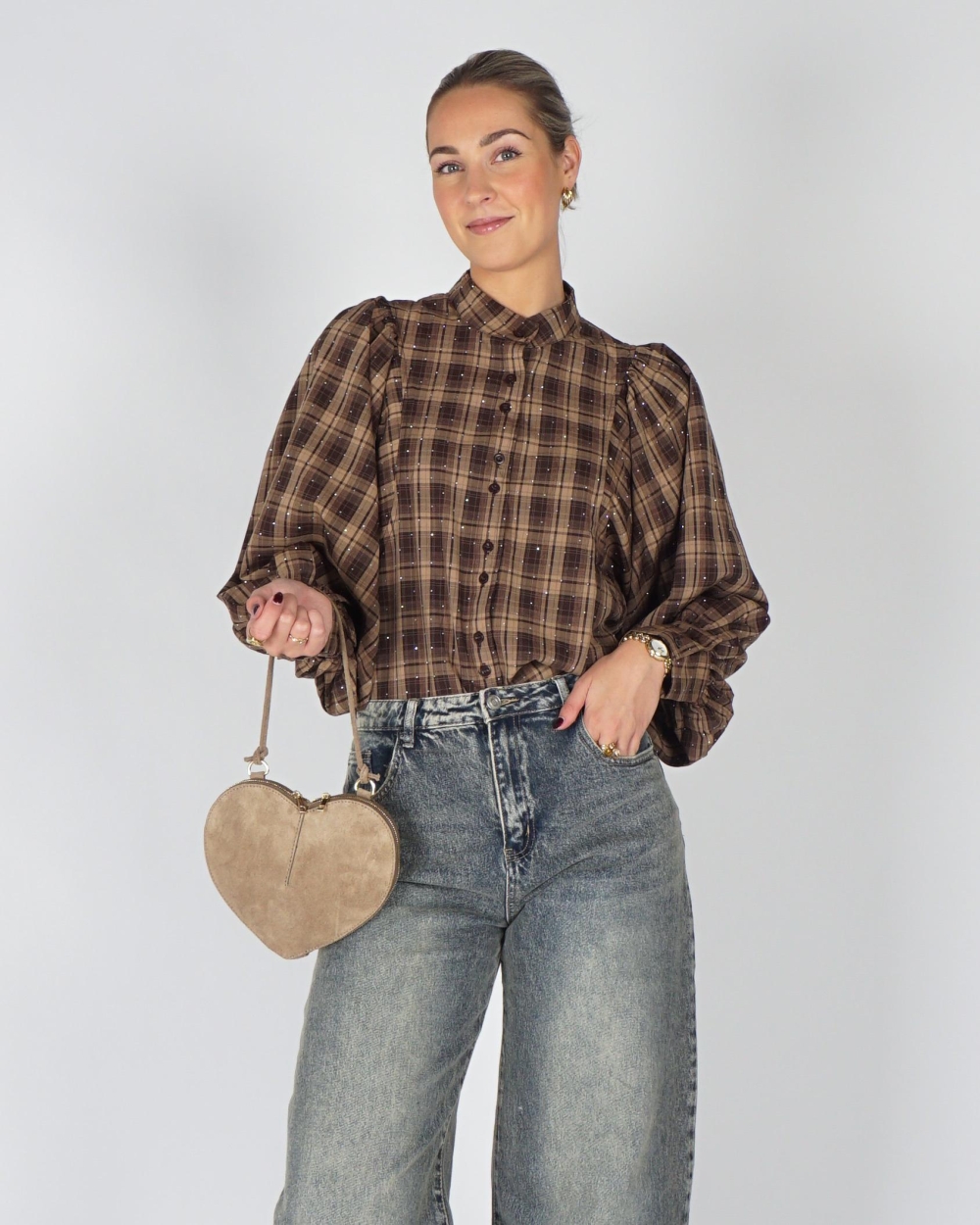 Gossip CHECK BLOUSE BALLON MOUW STRASS Bruin