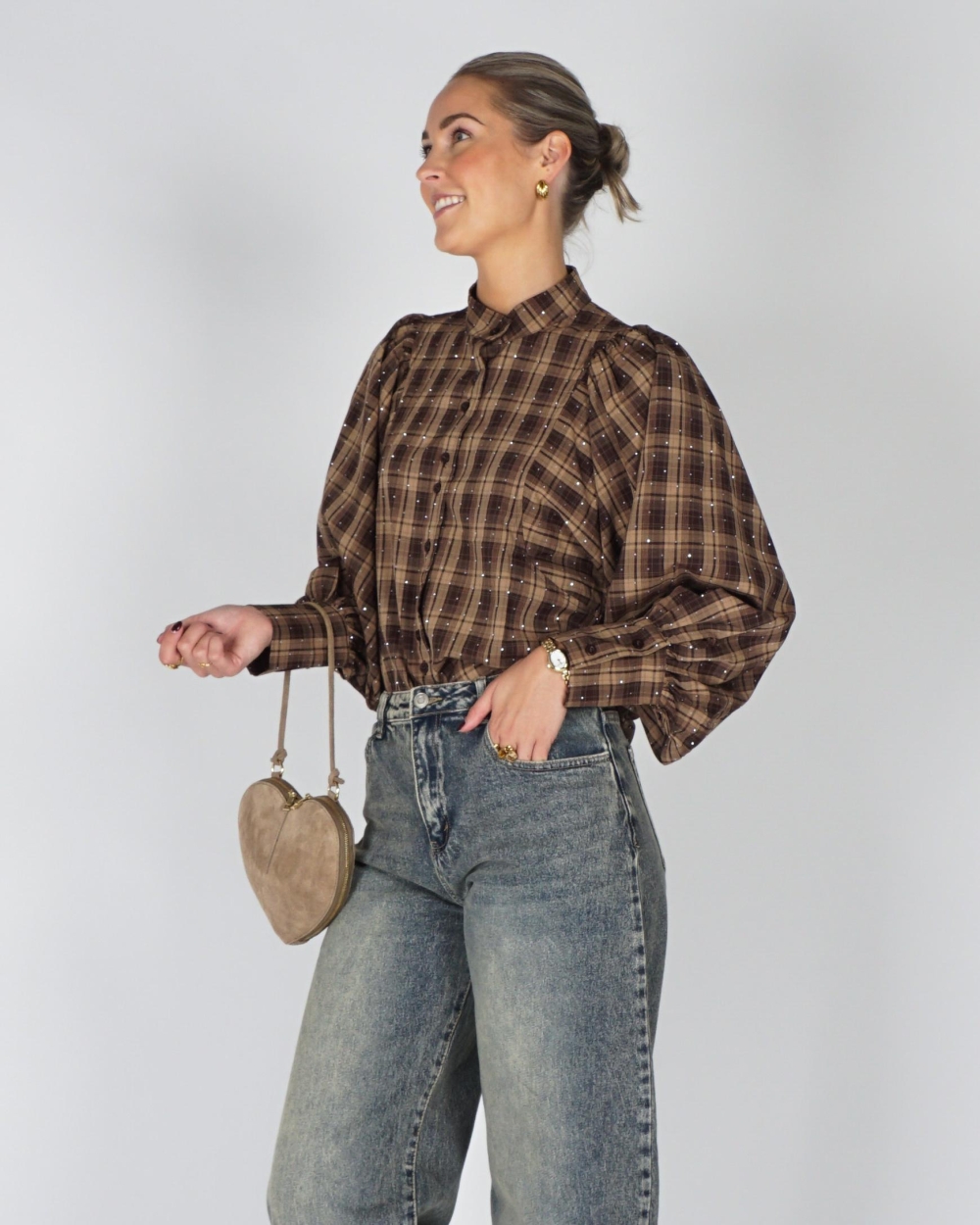 Gossip CHECK BLOUSE BALLON MOUW STRASS Bruin