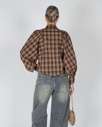 Gossip CHECK BLOUSE BALLON MOUW STRASS Bruin