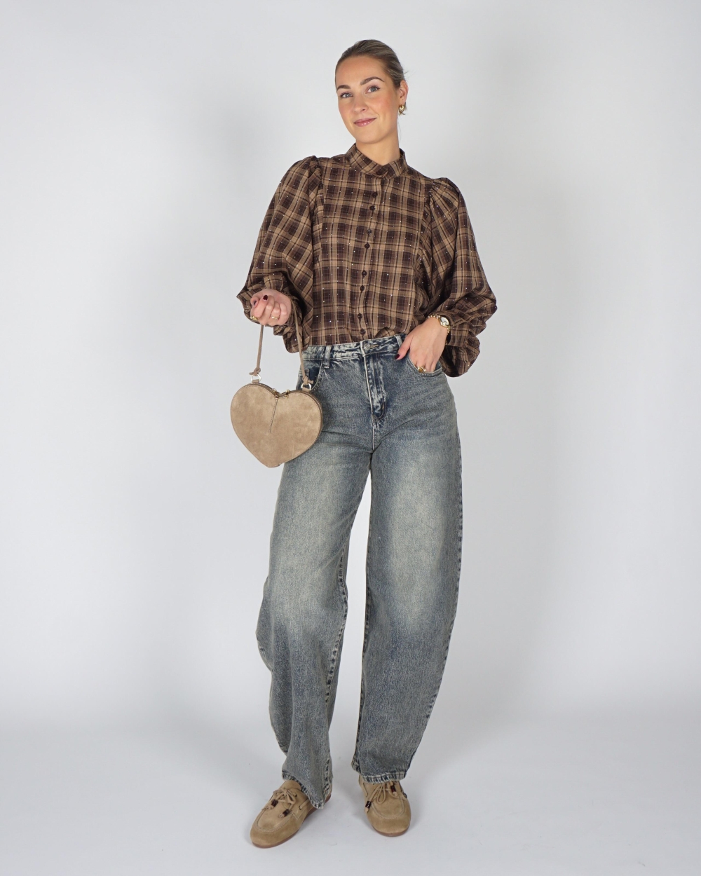 Gossip CHECK BLOUSE BALLON MOUW STRASS Bruin