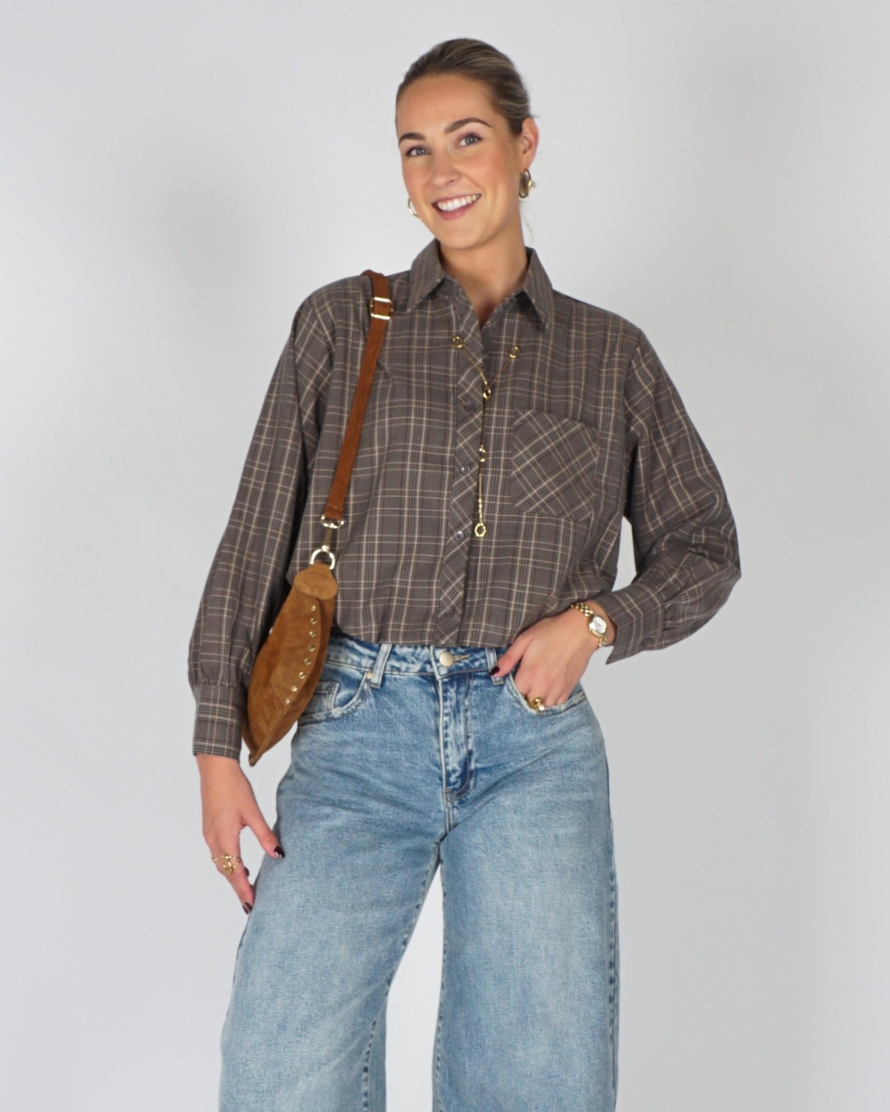 Gossip BALLON BLOUSE CHECKERED Grijs
