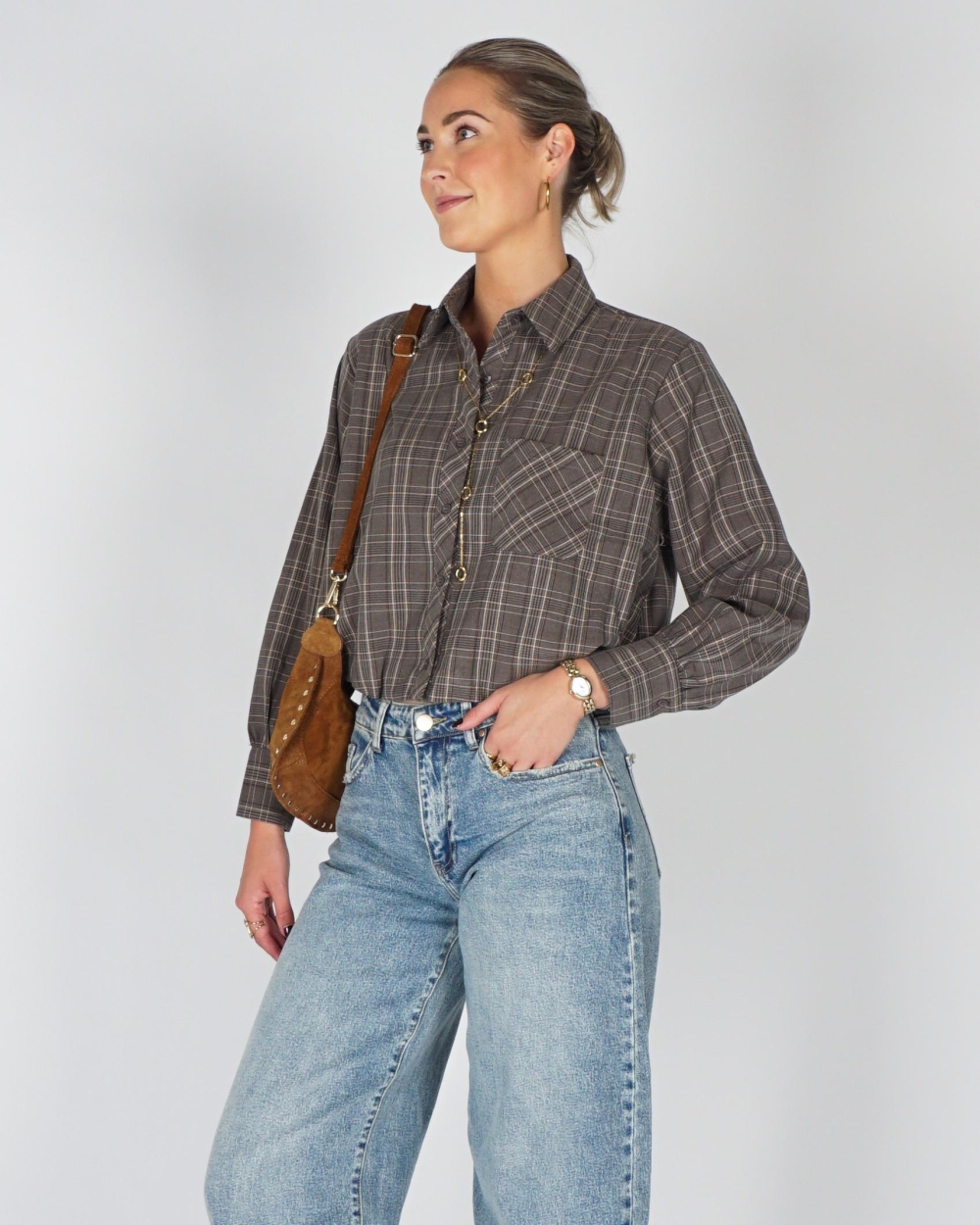 Gossip BALLON BLOUSE CHECKERED Grijs