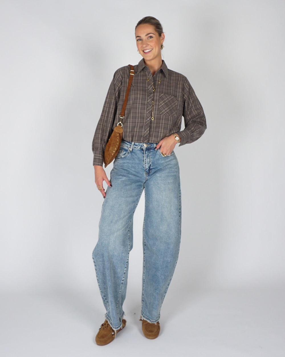 Gossip BALLON BLOUSE CHECKERED Grijs