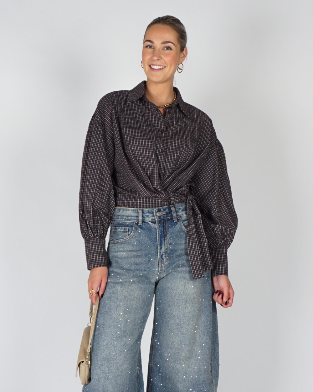 Gossip CHECK BLOUSE MET OVERSLAG Bruin