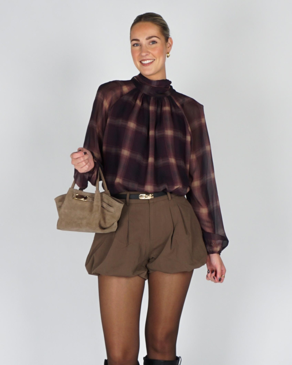 Gossip BALLON BLOUSE BIG CHECK Plum