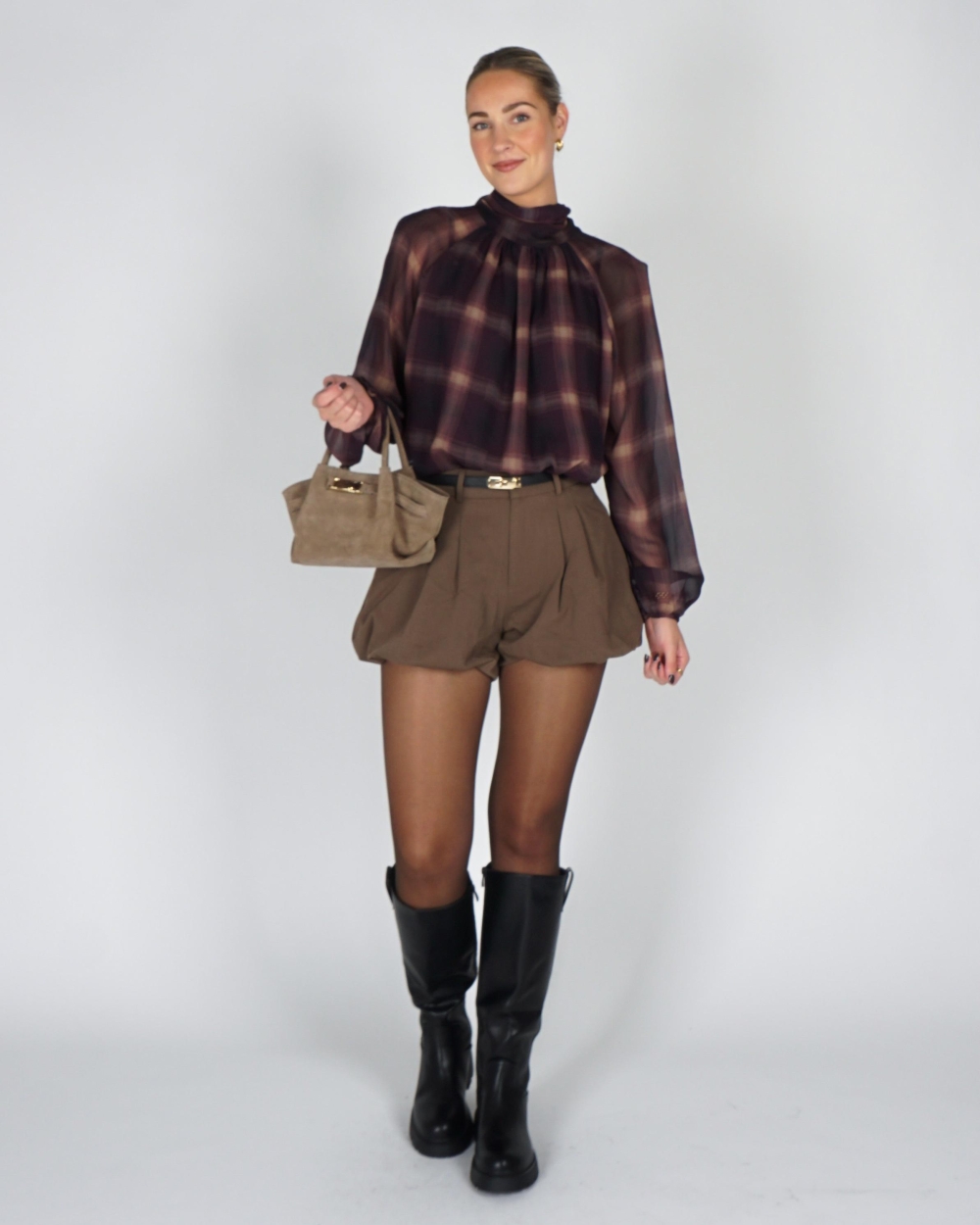 Gossip BALLON BLOUSE BIG CHECK Plum