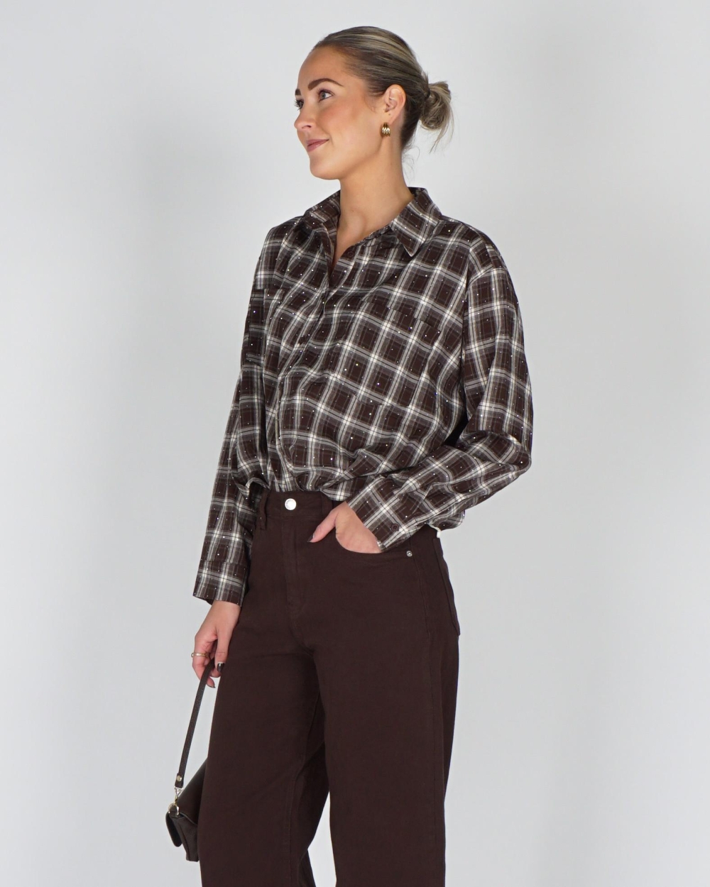 Gossip BALLON CHECK BLOUSE STRASS Bruin