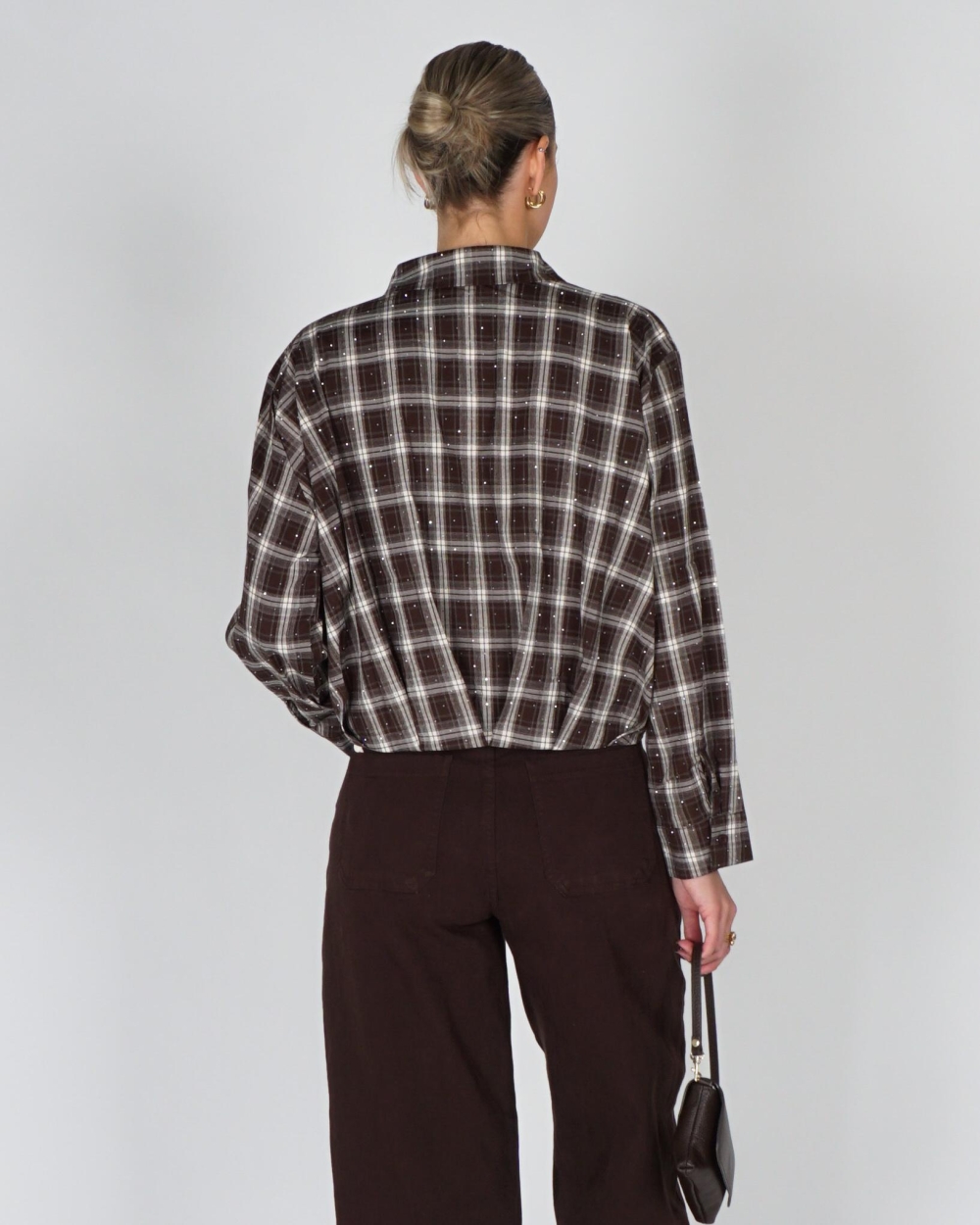 Gossip BALLON CHECK BLOUSE STRASS Bruin