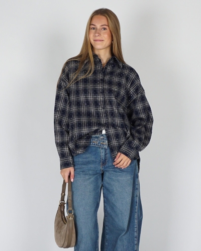 Gossip CHECK BLOUSE MET STRASS Donkerblauw