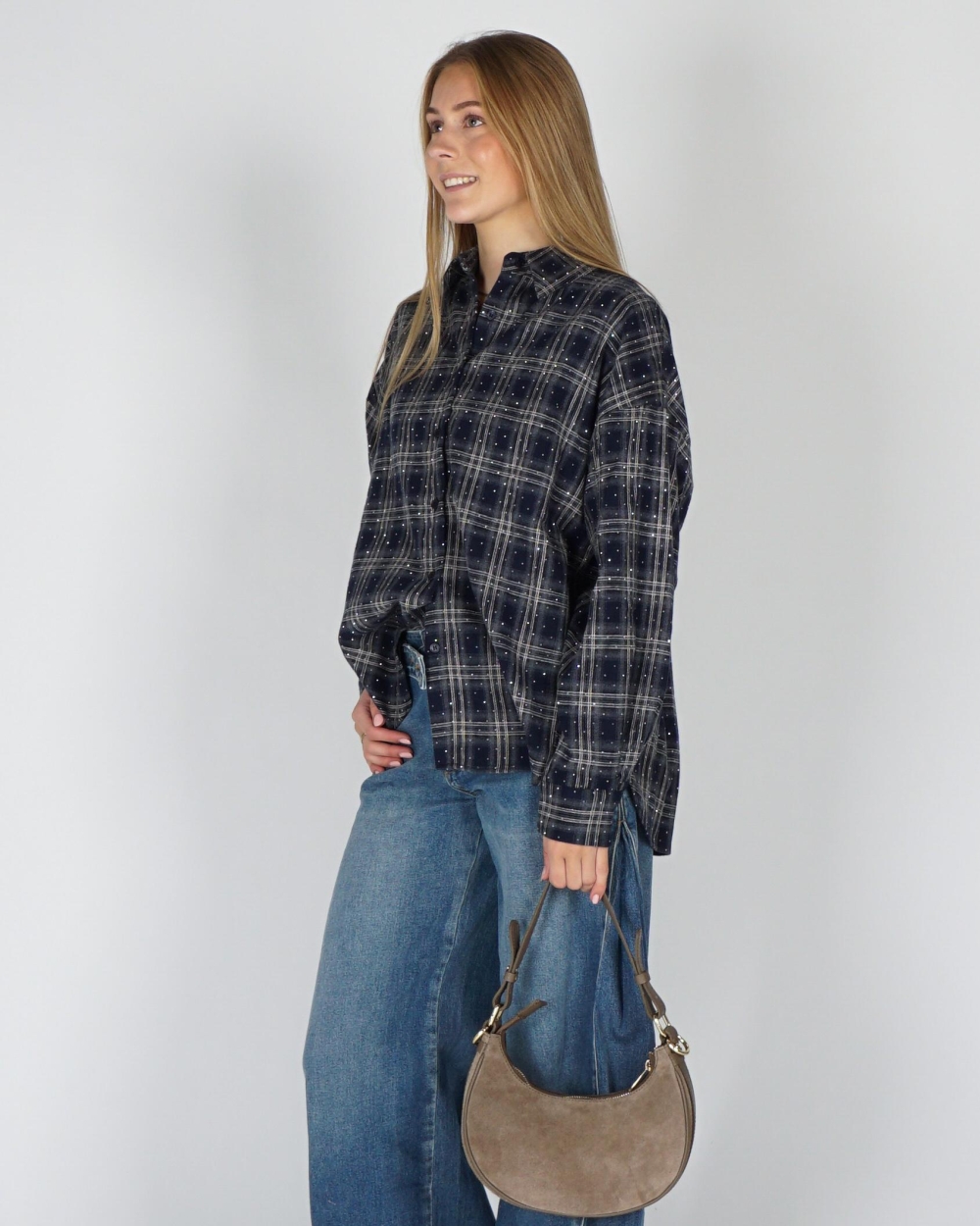 Gossip CHECK BLOUSE MET STRASS Donkerblauw