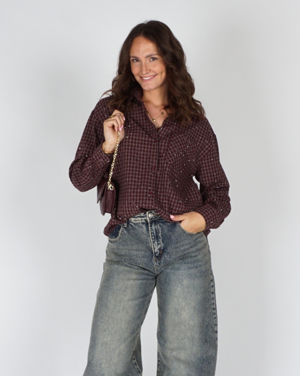 Gossip OVERSIZED CHECK BLOUSE STRASS Bordeaux