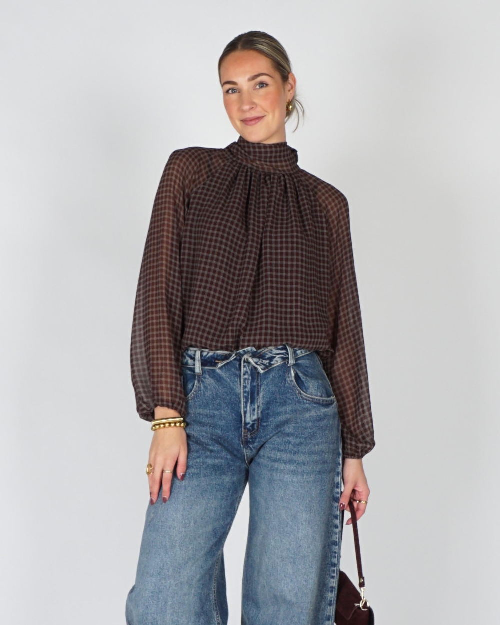Gossip FLOWY CHECK BLOUSE BALLON FIT Bruin