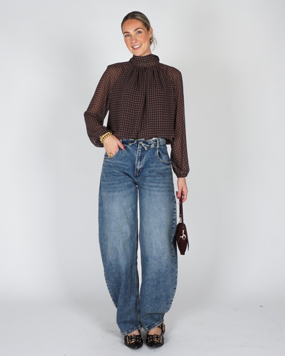 Gossip FLOWY CHECK BLOUSE BALLON FIT Bruin