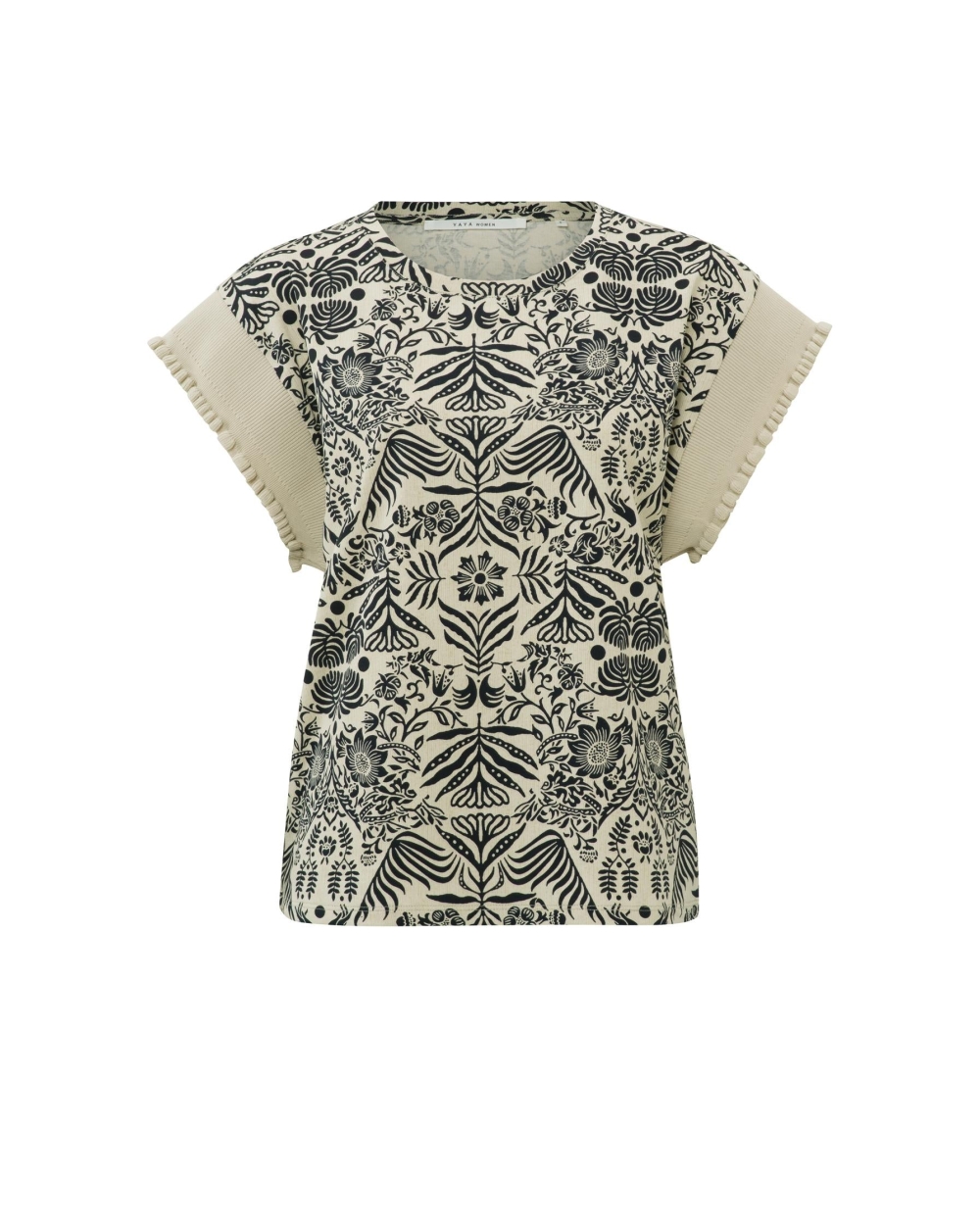 PRINTED TOP WITH KNITTED SLEEV BEIGE 