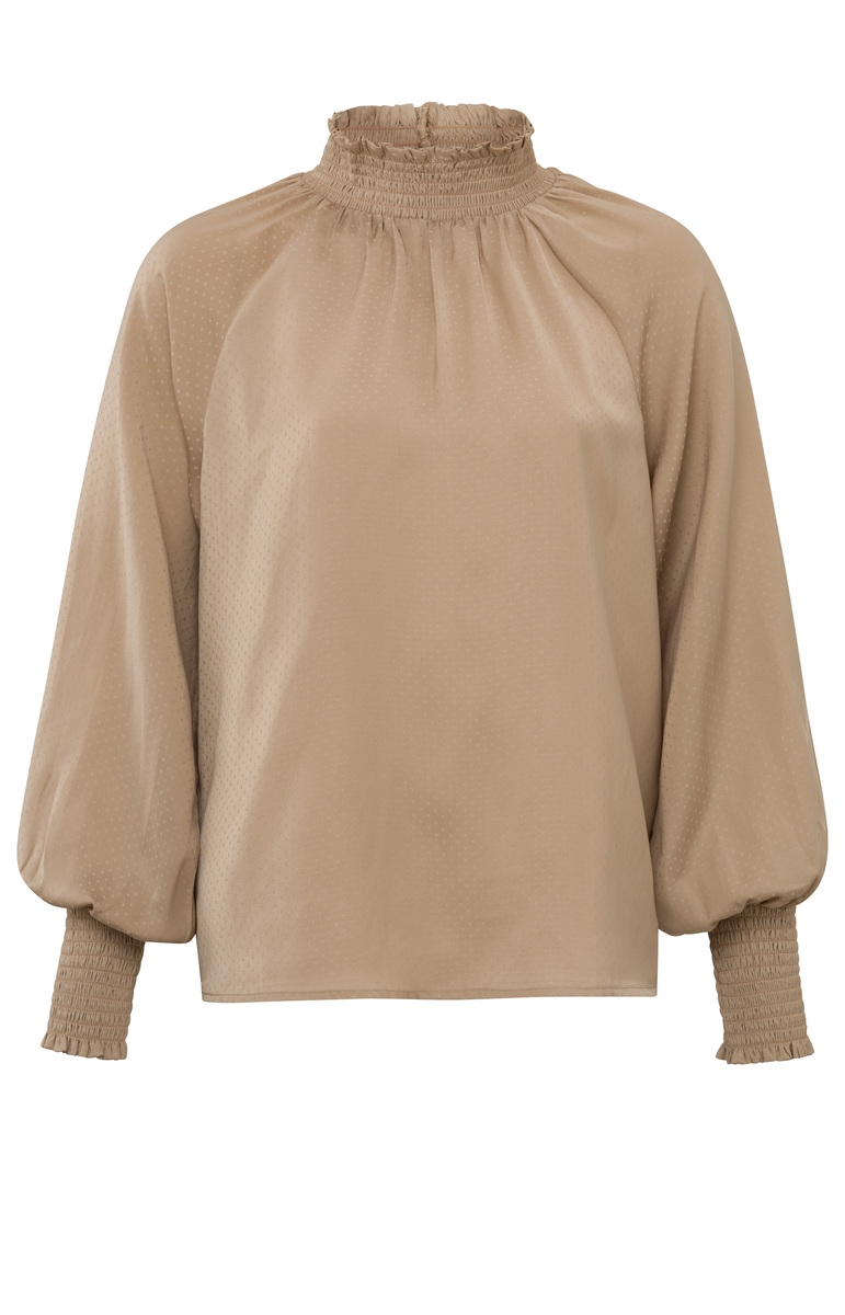 BLOUSE MET GESMOKTE HALS BRUIN