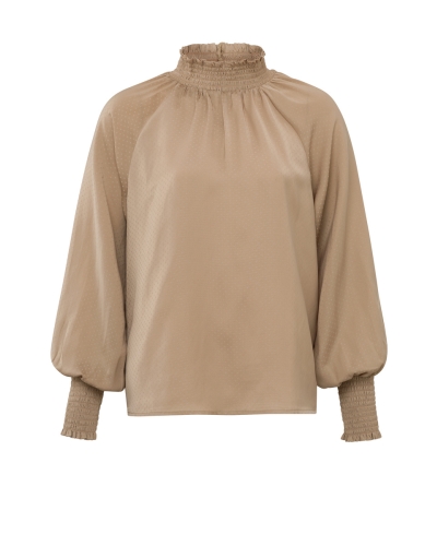 BLOUSE MET GESMOKTE HALS BRUIN