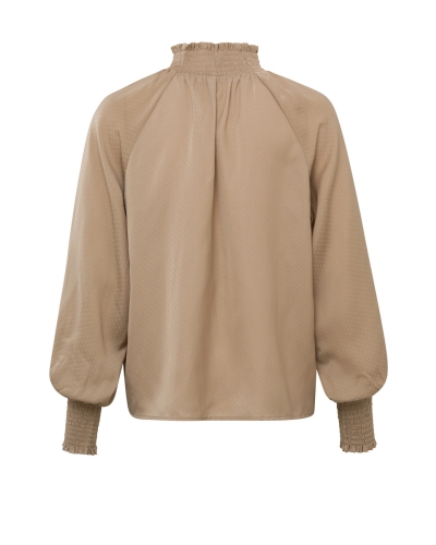 BLOUSE MET GESMOKTE HALS BRUIN