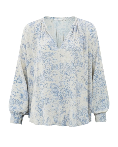 BLOUSE MET V-HALS EN PRINT ECRU/BLAUW