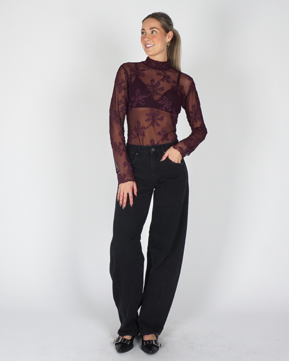 MESH TOP VELVET AUBERGINE