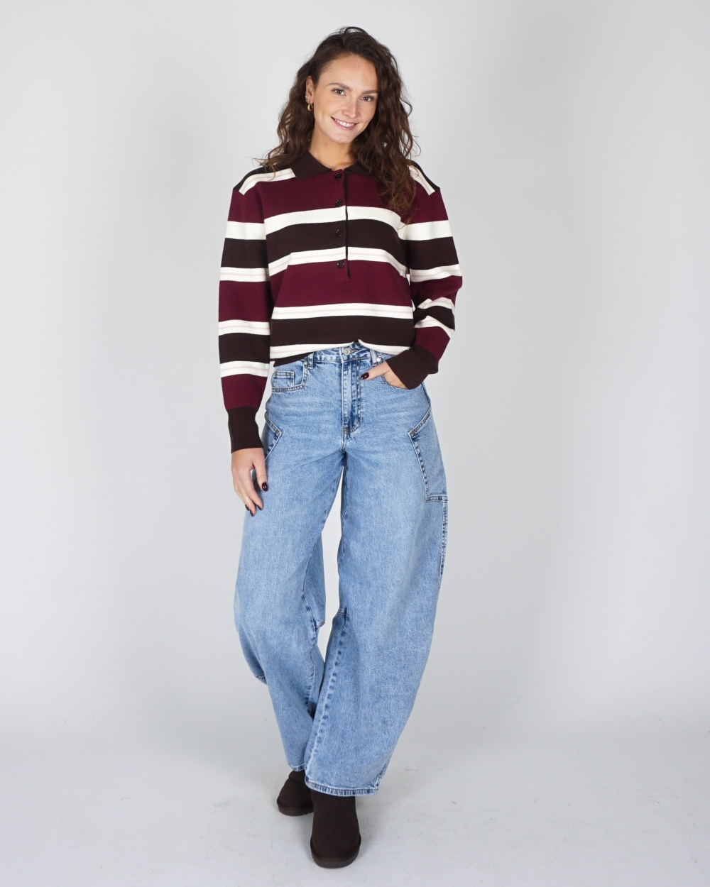 KNITTED POLO BRUIN/BORDEAUX