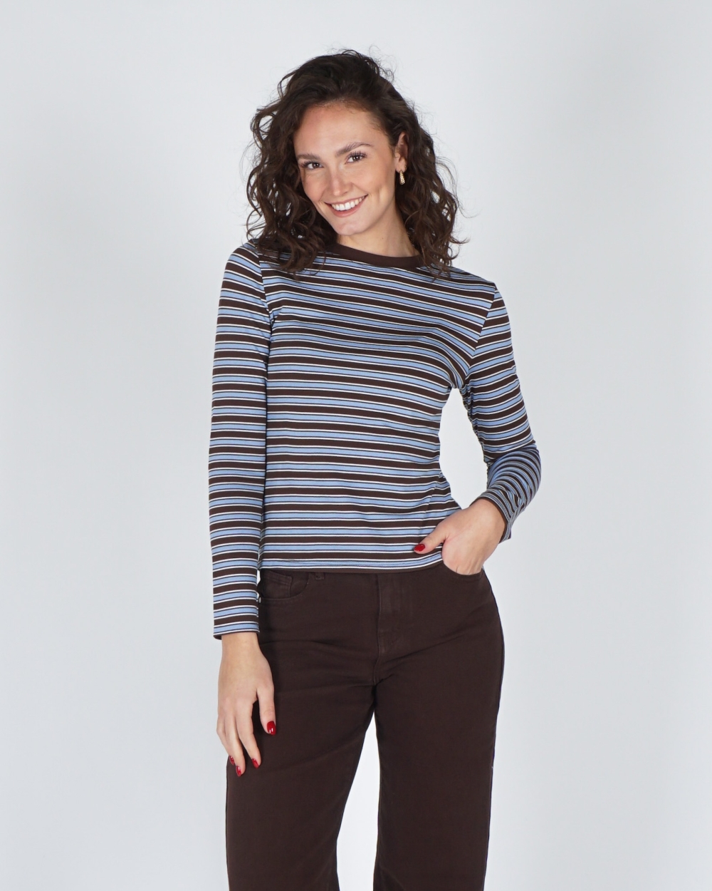 GESTREEPTE LONGSLEEVE BRUIN / LICHTBLAUW