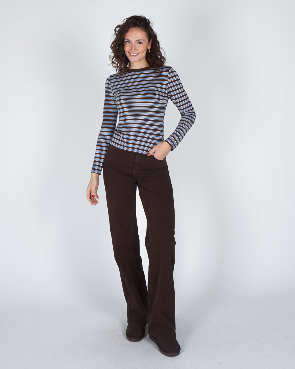 GESTREEPTE LONGSLEEVE BRUIN / LICHTBLAUW