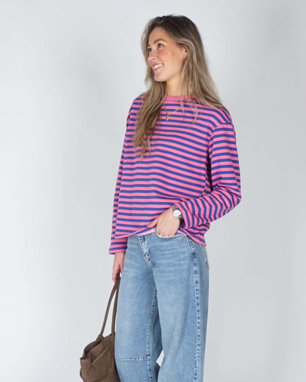 GESTREEPTE LONGSLEEVE KIM ROZE/BLAUW