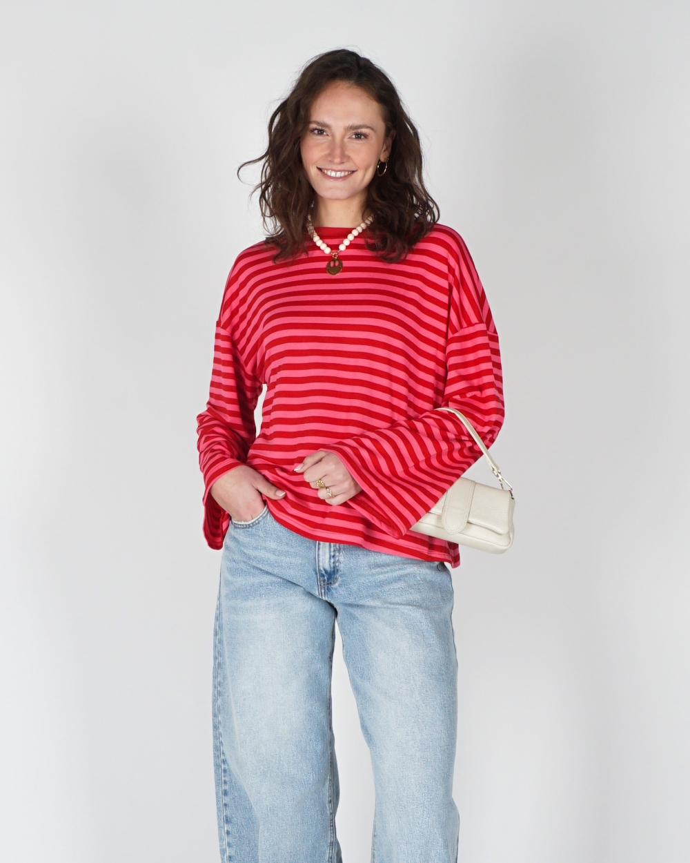 LONGSLEEVE GESTREEPT ROZE ROOD