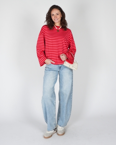 LONGSLEEVE GESTREEPT ROZE ROOD