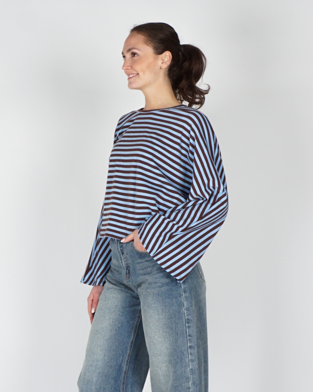 GESTREEPTE LONGSLEEVE BATWING BRUIN BLAUW