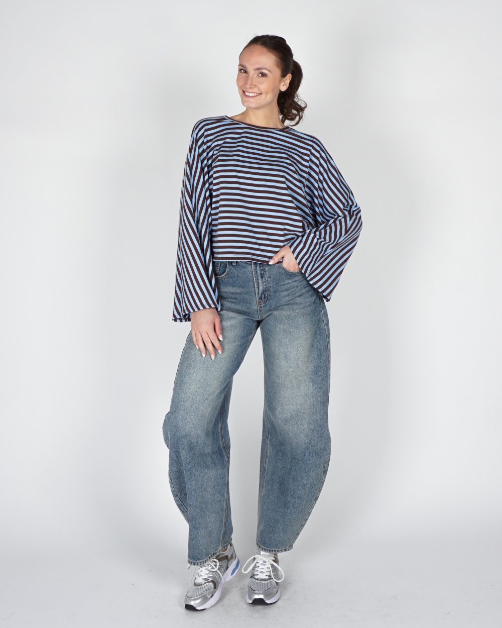 GESTREEPTE LONGSLEEVE BATWING BRUIN BLAUW