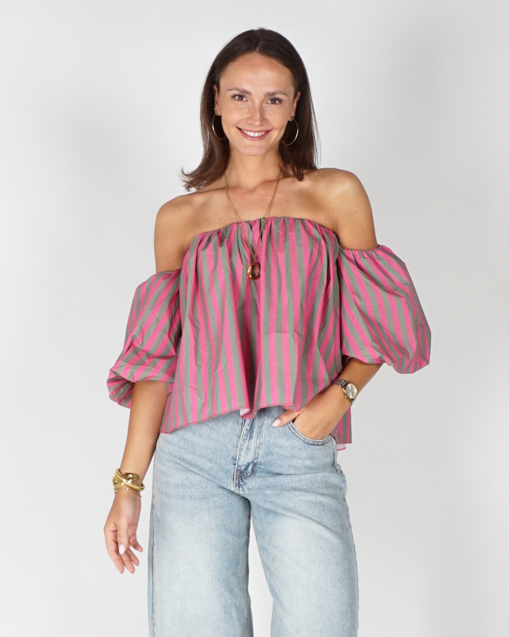 OFF SHOULDER TOP GESTREEPT GROEN/ROZE