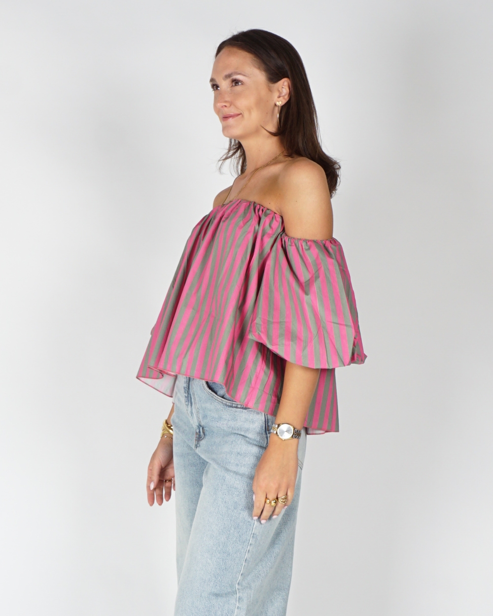 OFF SHOULDER TOP GESTREEPT GROEN/ROZE
