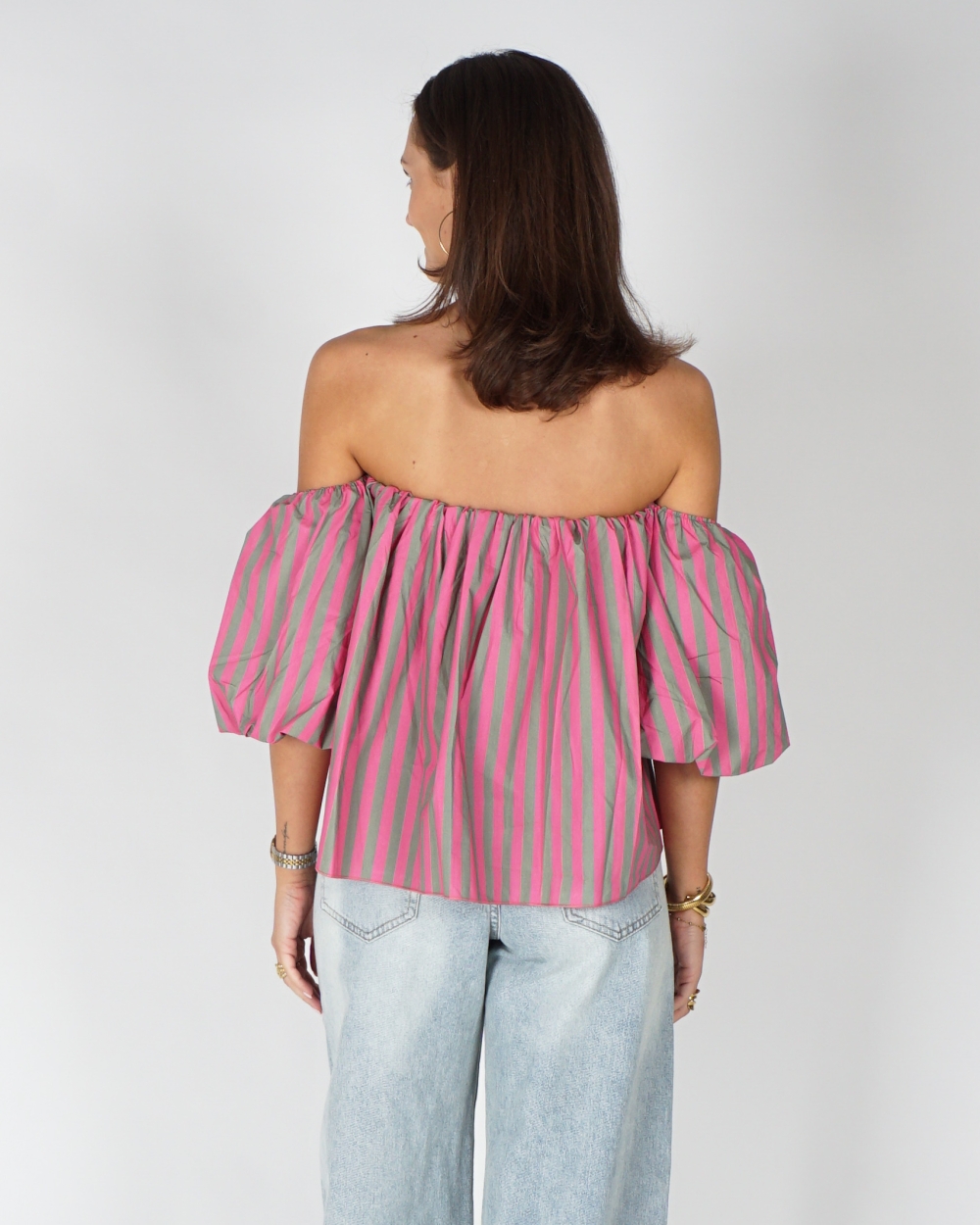 OFF SHOULDER TOP GESTREEPT GROEN/ROZE