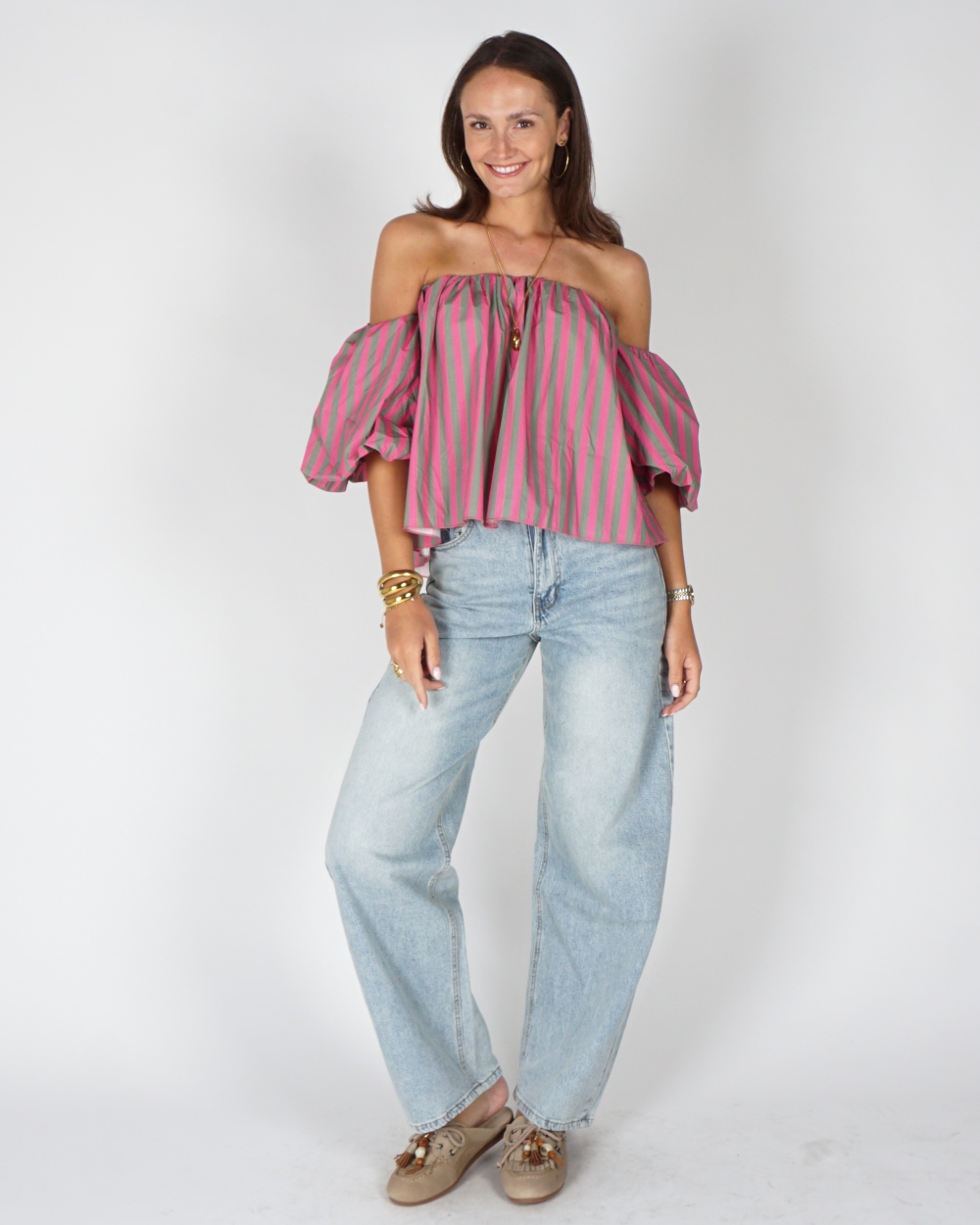 OFF SHOULDER TOP GESTREEPT GROEN/ROZE