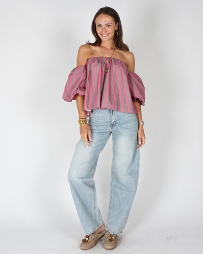 OFF SHOULDER TOP GESTREEPT GROEN/ROZE