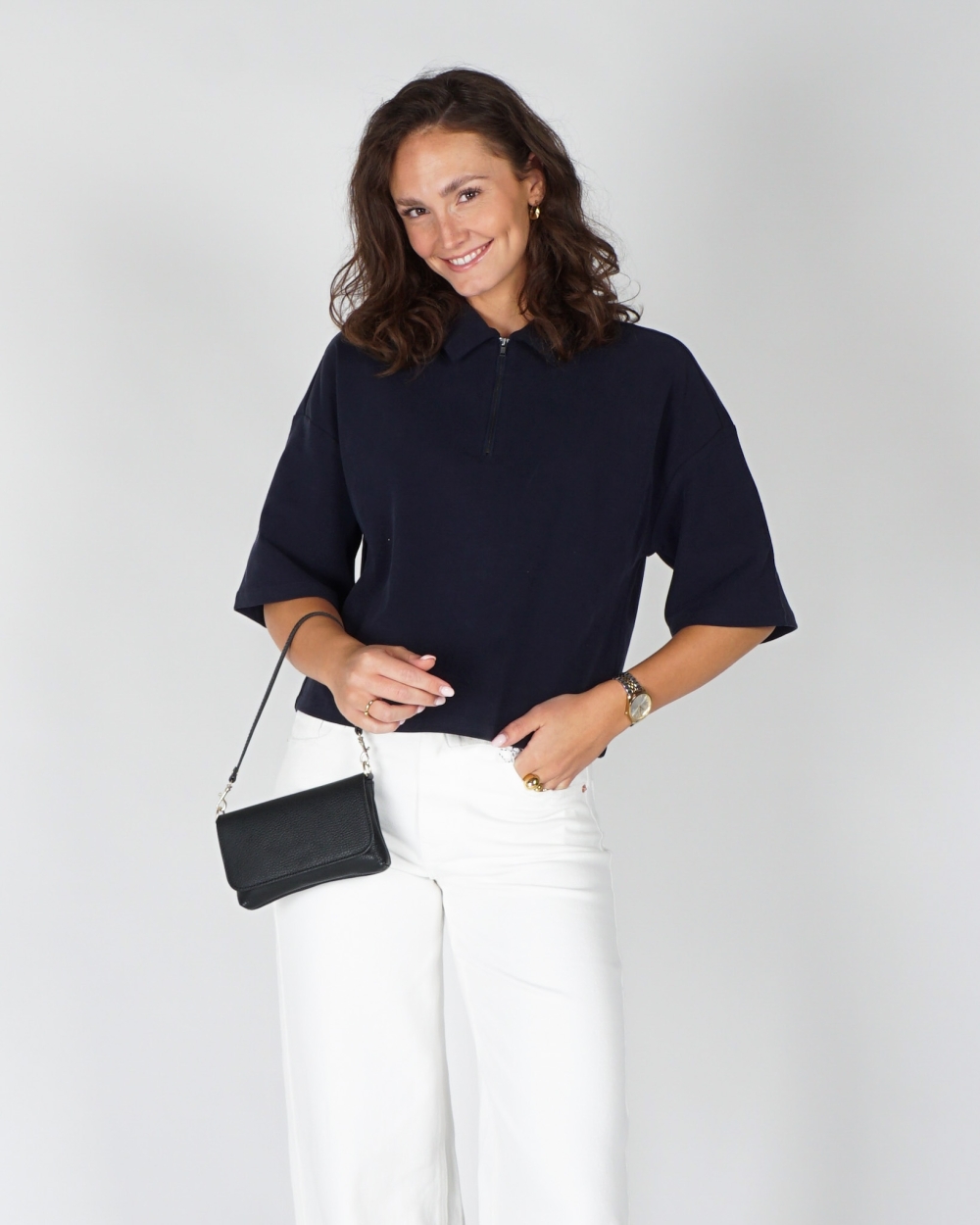 POLO TOP MET HALVE RITS DONKERBLAUW